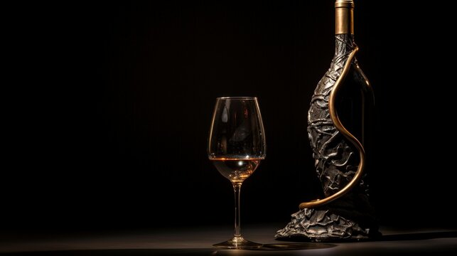 A bronze sculpture depicting a wine bottle and glass in dramatic chiaroscuro lighting
