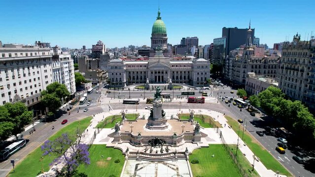 Beautiful aerial footage of the Argentina flag waving, the Palace of the Argentine National Congress, in the city of Buenos Aires, Argentina 