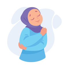 Muslim Woman Character Hug Herself Taking Care and Show Importance of Oneself Vector Illustration