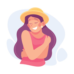 Woman Character Hug Herself Taking Care and Show Importance of Oneself Vector Illustration