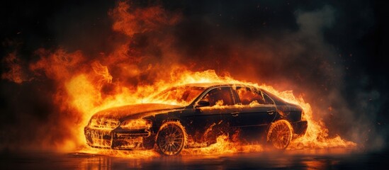 Car on fire. - obrazy, fototapety, plakaty