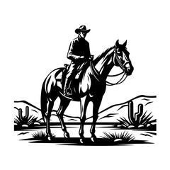 Arizona Desrt Cowboy On Horse Logo Monochrome Design Style