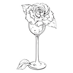 Ink: A champagne glass for weddings with a delicate rose blossom and leaf. A tender composition for cards coloring prints posters and textile printing. for birthdays, weddings, bachelorette. EPS 10
