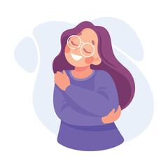 Woman Character Hug Herself Taking Care and Show Importance of Oneself Vector Illustration