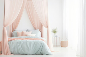 Fototapeta na wymiar Home apartment bedroom white interior bedding furniture room bright design light