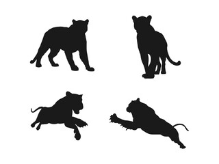 Set puma silhouette vector illustration. Vector Set of Silhouettes.  black panther vector logo illustration. Run, Jump, Attack, Pursue, Chase. vector  illustration design isolated on white background.
