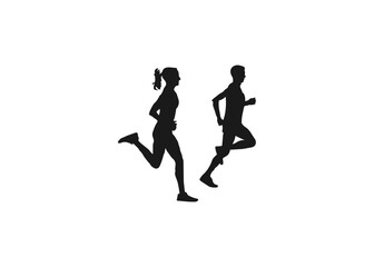 Fototapeta na wymiar running man and woman silhouette. Running Man Silhouette, Jogging Training Person Vector Illustration. Black and white vector design. vector icon set isolated on white background. Running people.