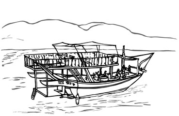 Landscape with a modern tourist Arab boat Dhow, the shore of the Gulf of Oman. Dibba, Fujairah, United Arab Emirates. Boat  is separate object