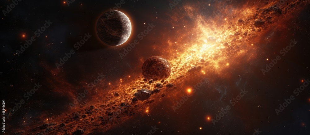 Poster 3d rendering of a close exoplanet orbiting a sun with the milkyway galaxy in space.