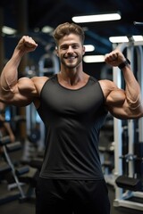 Fototapeta na wymiar Handsome man flexing muscles in the gym