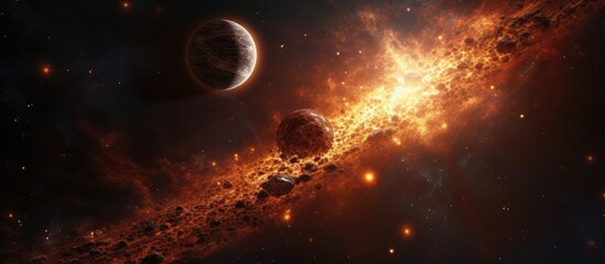 Obraz na płótnie Canvas 3D rendering of a close exoplanet orbiting a sun with the Milkyway galaxy in space.