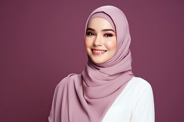 Portrait of an attractive young Muslim woman wearing a hijab on a purple background.