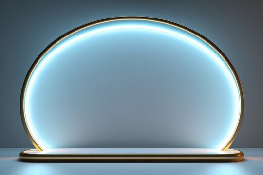 Beauty product photo background: smooth round glowing oval podium in professional studio led light on blue background, negative space. Template mock-up
