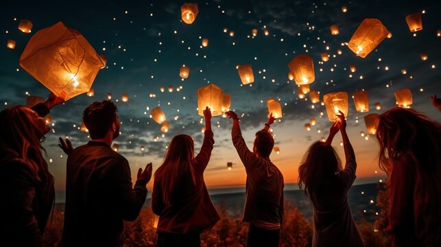 A group of friends releasing lanterns into the night sky, creating a mesmerizing display of colors to welcome the New Year