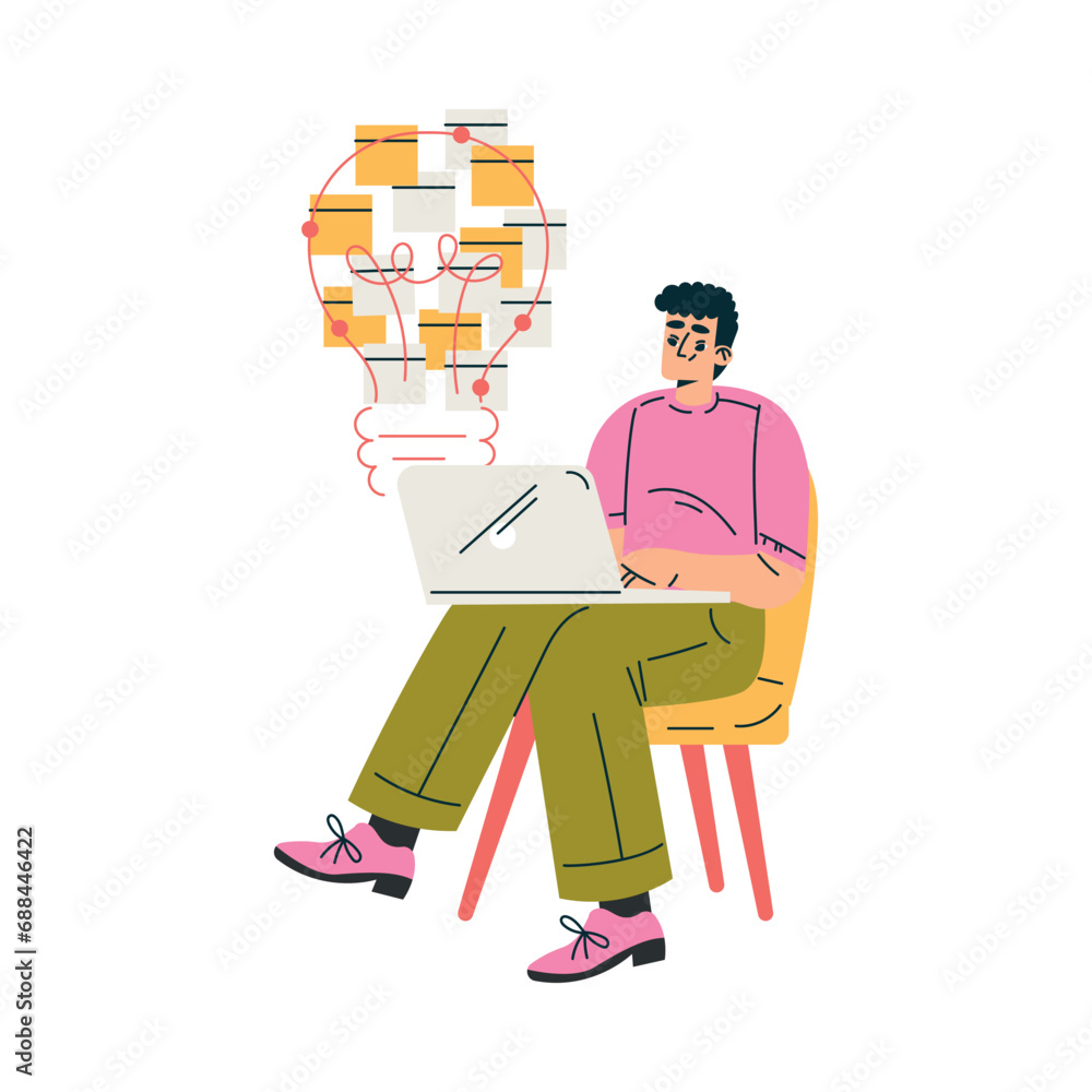 Poster finding brilliant idea with man character sit at laptop with lightbulb vector illustration