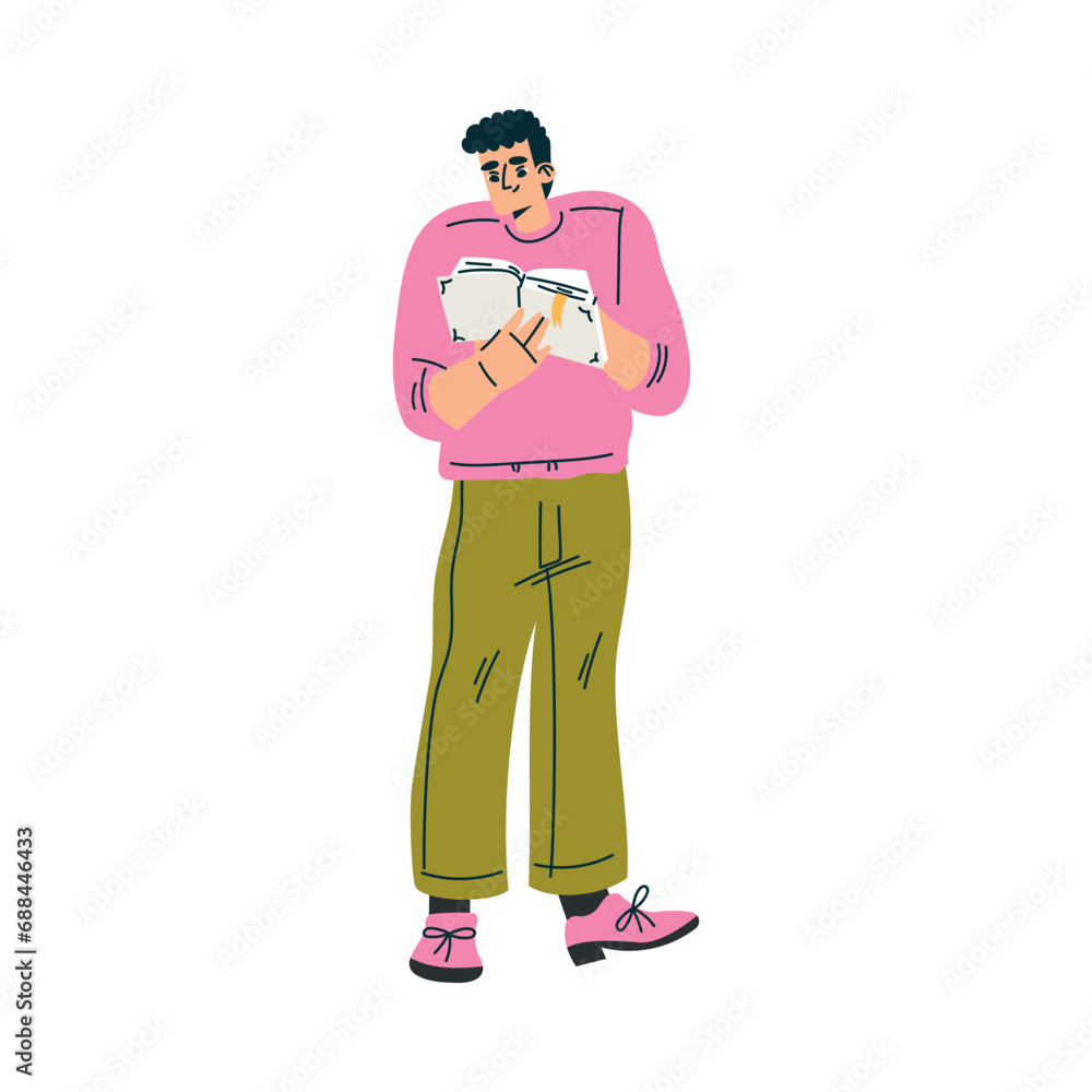 Aufkleber man character standing with book finding and searching for idea vector illustration