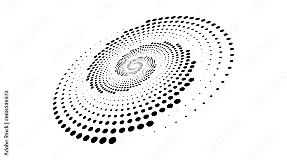 Poster dotted spiral lines element. radial spinning halftone texture. circle swirl dots shape in perspectiv