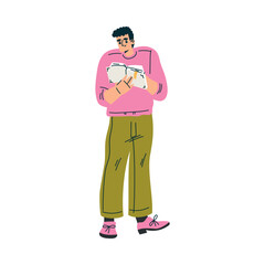 Man Character Standing with Book Finding and Searching for Idea Vector Illustration