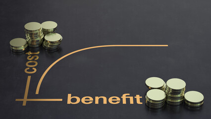 Cost benefit analysis graph drawn in gold on a black background. Concept of assessment of...