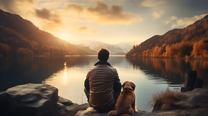 Going on a scenic trip with your beloved dog at the lake at sunset. Ai generate.