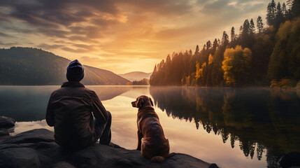 Going on a scenic trip with your beloved dog at the lake at sunset. Ai generate. - obrazy, fototapety, plakaty