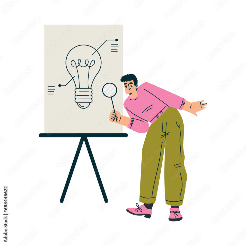 Aufkleber finding brilliant idea with man character at whiteboard with lightbulb hold magnifier vector illustr