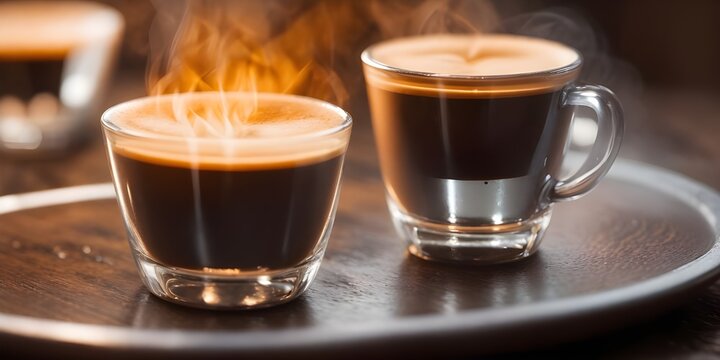 DOUBLE ESPRESSO SHOT - HOT WATER on the black wooden table with bokeh lights background with copy space