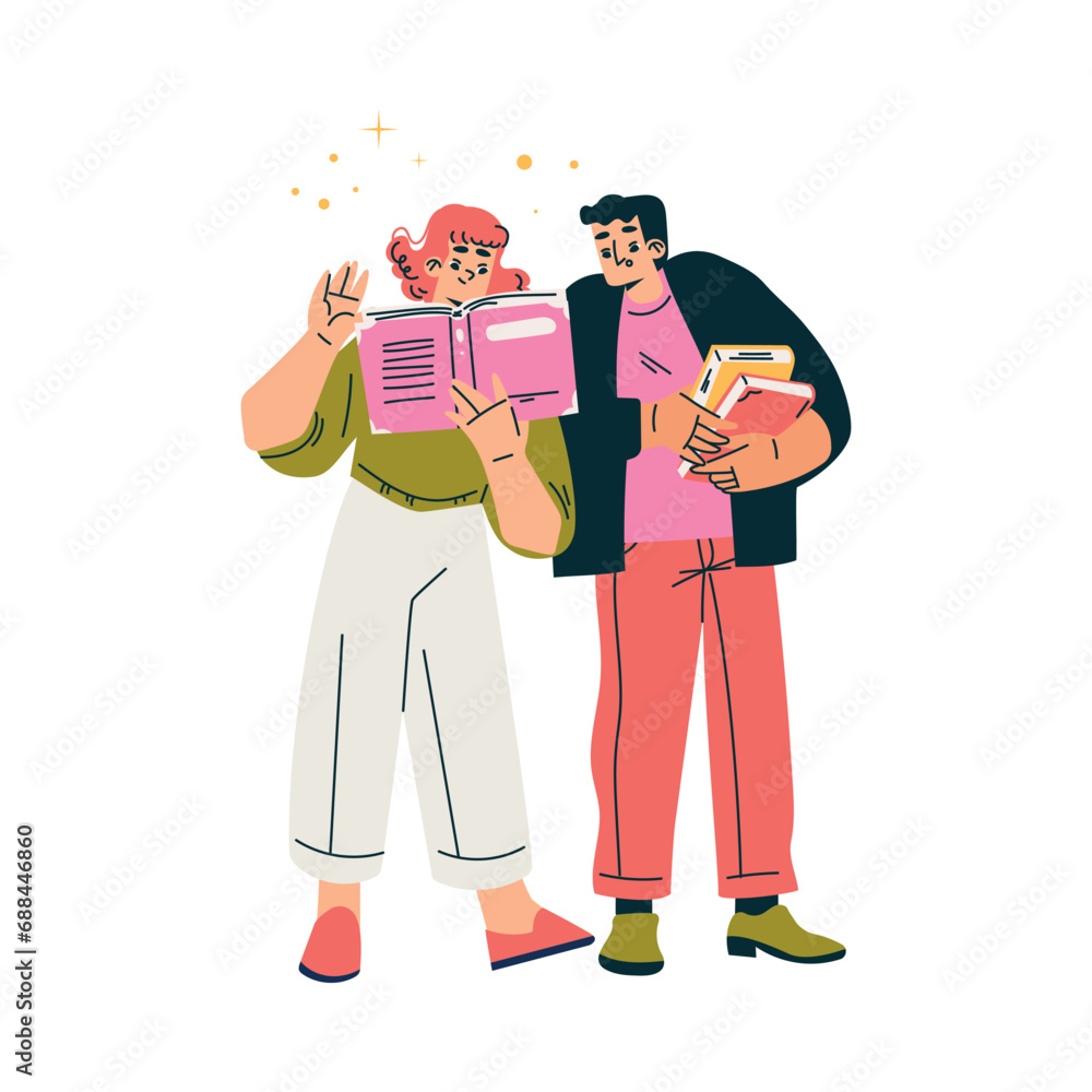 Poster man and woman character standing with book finding and searching for idea vector illustration