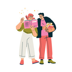 Man and Woman Character Standing with Book Finding and Searching for Idea Vector Illustration