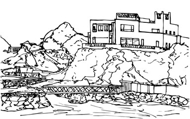 Villa in the craggy hills with a footbridge on the shore gulf. Landscape, ink lines. 