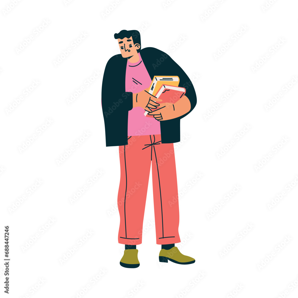 Aufkleber man character standing with book finding and searching for idea vector illustration