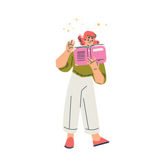 Woman Character Standing with Book Finding and Searching for Idea Vector Illustration