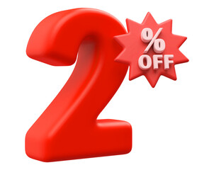 Special 2 percent off sale - 3d render red number with tag percent off