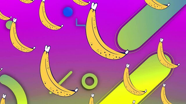 Animation of banana icons over green shapes on purple background