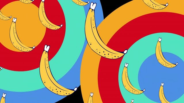 Animation of banana icons and colourful shapes over pencils on black background