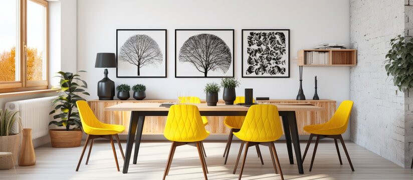 Danish-style dining room with a yellow and black print on a white wall.