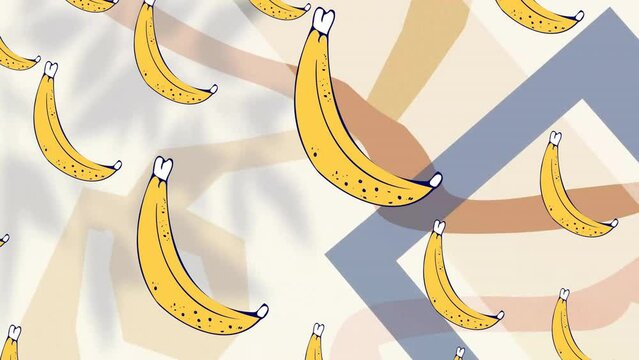 Animation of banana icons over colourful shapes on white background