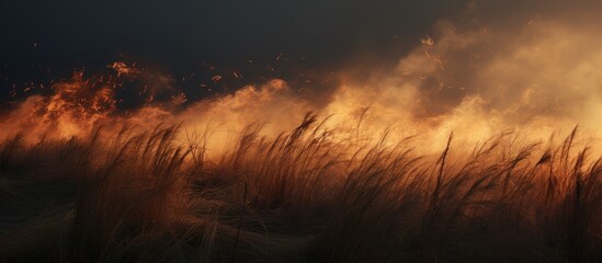 Strong winds create a fire in the dry field grass.