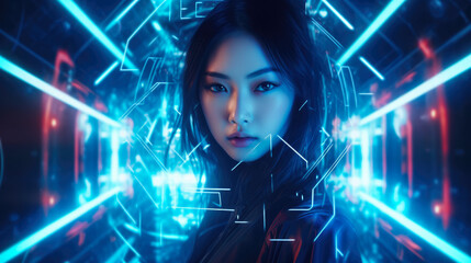 Futuristic cyberpunk portrait of a young Asian woman - obrazy, fototapety, plakaty