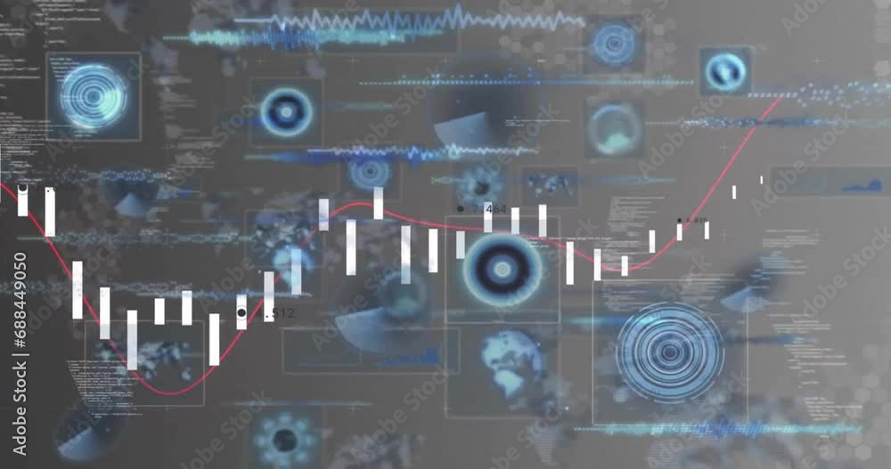 Poster animation of financial data processing on grey background