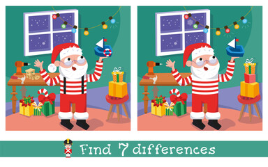Cute Santa Claus in Christmas workshop. Find 7 differences. Educational puzzle game for children. Cartoon funny characters. Vector illustration for kids.