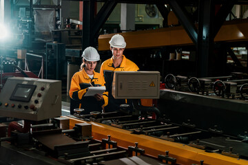 Professional quality control inspector conduct safety inspection on steel machinery and...