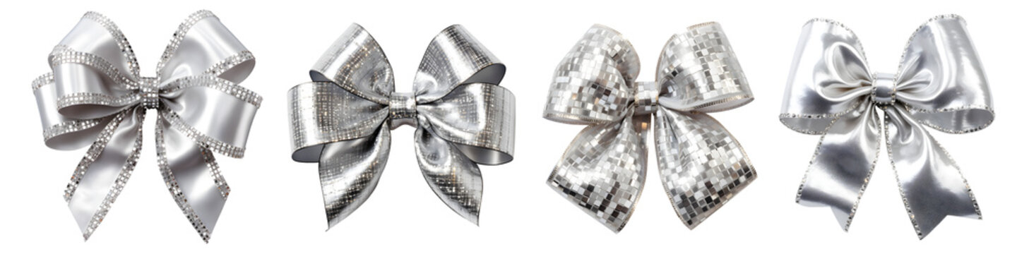 silver ribbon bow set isolated on transparent background - design element PNG cutout collection