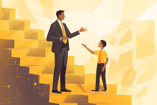Nurturing Tomorrow's Leaders. Mentorship on the Golden Staircase. Businessman talking to a young boy.
