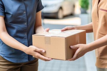 Close up hands of customer hand receiving a cardboard box parcel from delivery service courier. delivery concept of customer and worker.