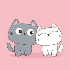 Obraz na płótnie Canvas Gray white cat set. Happy Valentines Day. Love couple sitting kittens. Cute cartoon funny kitty character. Kawaii animal in love. Contour line doodle. Greeting card. Flat design. Pink background