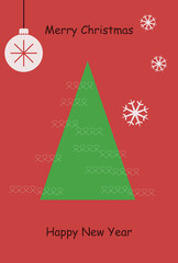 Naklejka premium Merry Christmas and Happy New Year greeting card with christmas tree, ball, snowflakes.