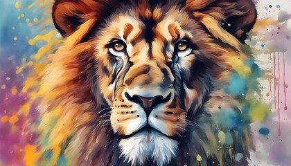 colorful lion in paint splashes.