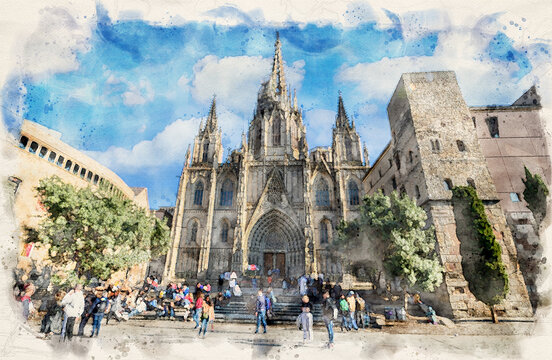 Barcelona Cathedral - Catedral de la Santa Cruz y Santa Eulalia (the Holy Cross and Saint Eulalia) in Barcelona, Spain in watercolor style illustration	