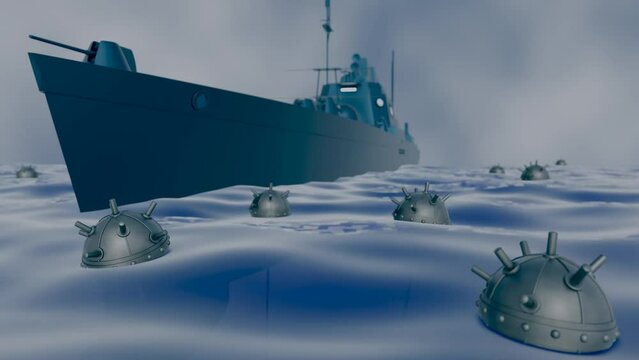 A 3D animation of a sea mine, also known as a naval mine placed in water and a warship.